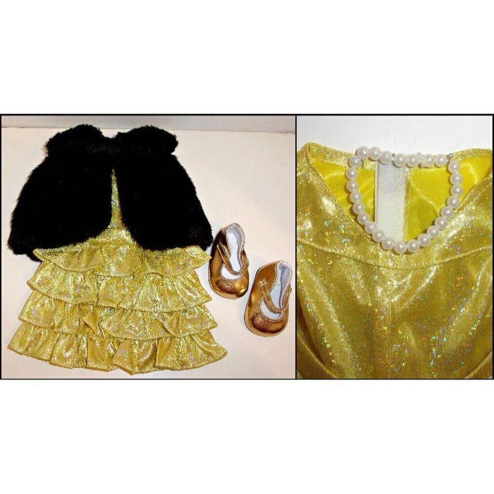 18" DOLL 4-PC OUTFIT EVENING PARTY CLOTHES Gold Dress Fur Cape Shoes Pearls NEW